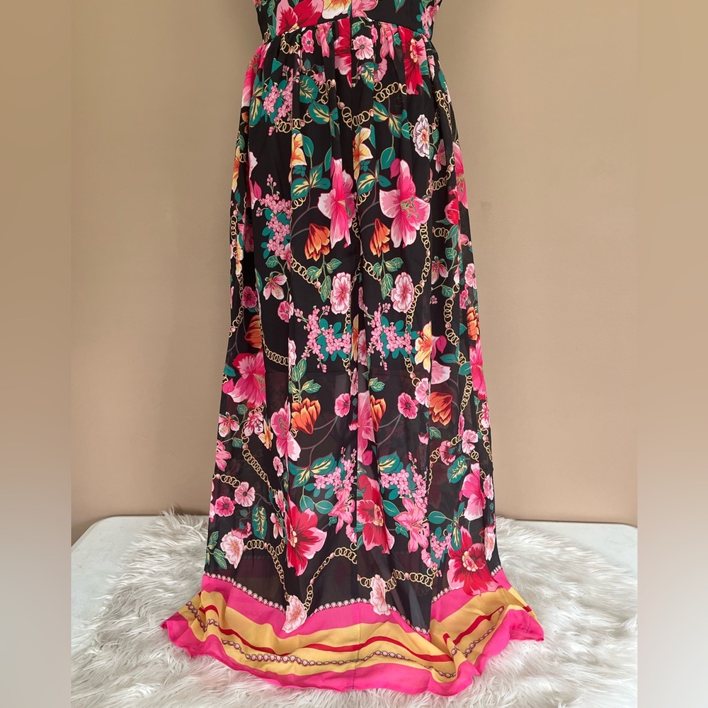 {Nicole Miller} Floral & Chain Maxi Dress Sleeveless in Black - Women's 6 - Picture 8 of 11